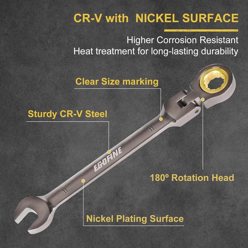 Egofine 11mm Ratchet Wrench Flex Head, 11mm Wrench Ratcheting Combination Wrenches Metric, Industrial Grade Gear Spanner with 12 Point Box End, 72-Teeth Ratchet Nickel Plating, Chrome Vanadium Steel - Image 2